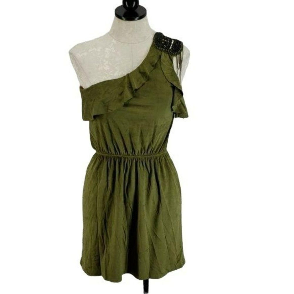 Hello Miss Women's Green One Shoulder Peterpan Beaded Shoulder Mini Dress Small